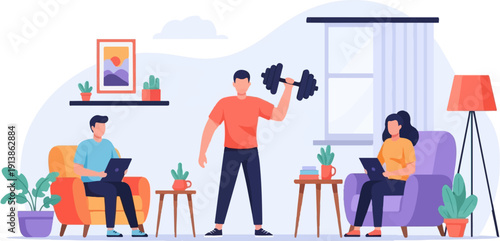 Three people in a living room, one exercising, two working on laptops