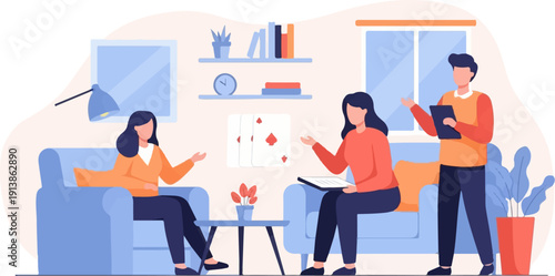 Three people in a living room playing cards and discussing