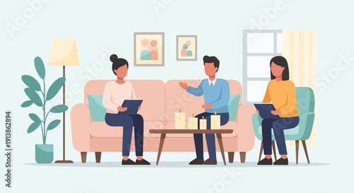 Three people in a living room setting with a couch, chair, and table with candles