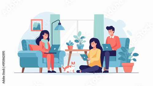 Three people and a cat using laptops and tablets at home indoors