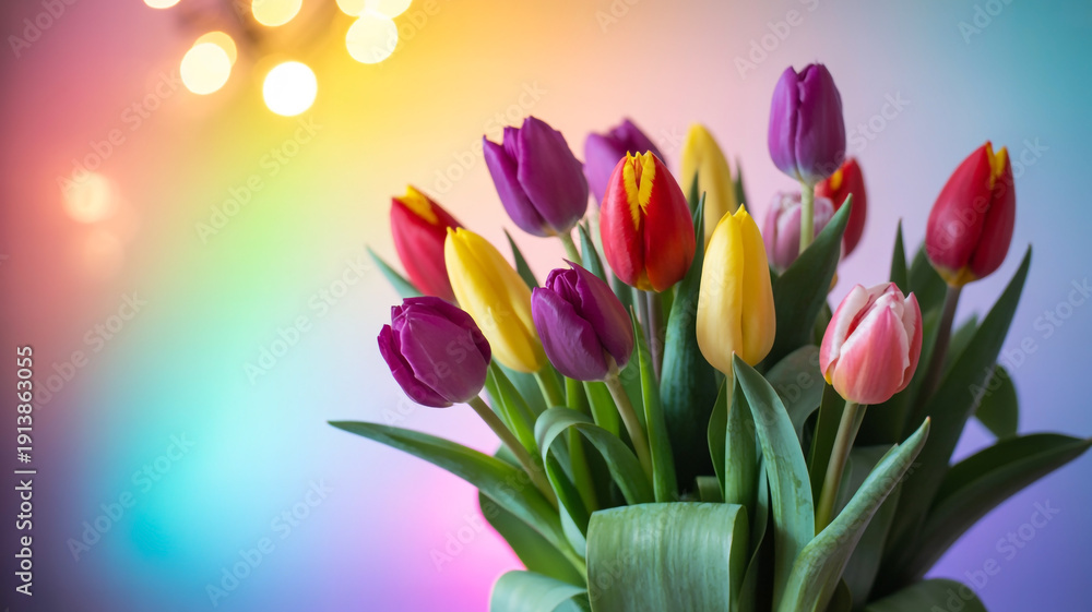 Fototapeta premium Vibrant tulips in full bloom with a colorful background of lights