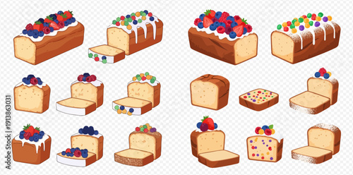 Collection of various delicious sweet loaf cakes with fruit toppings and glaze, sliced and whole.