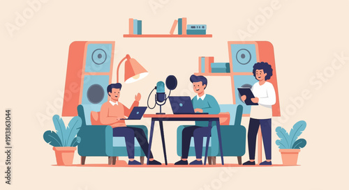 Three people in a room, two sitting and one standing, recording a podcast with equipment