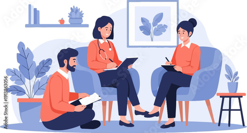 Three people in an office session, one appears to be a therapist