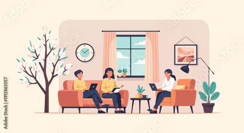 Three people work on laptops and tablets in a cozy living room