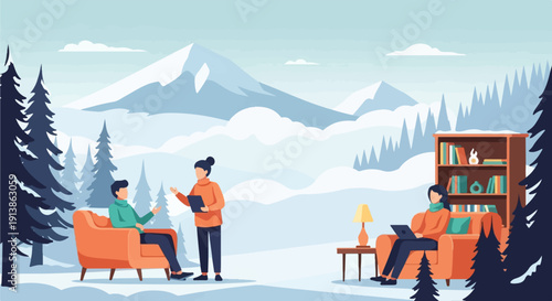 Three people in a snowy, mountainous landscape, engaged in conversation and work