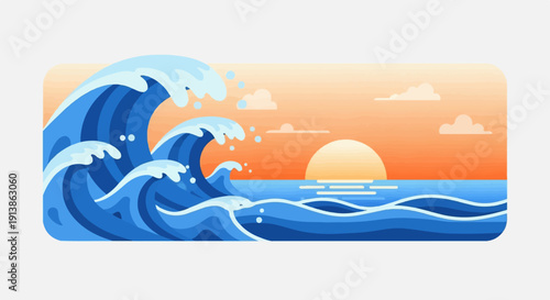 Stylized pixel art ocean waves crashing at sunset with soft clouds