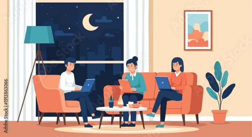 Three people work on laptops and tablets in a cozy living room at night