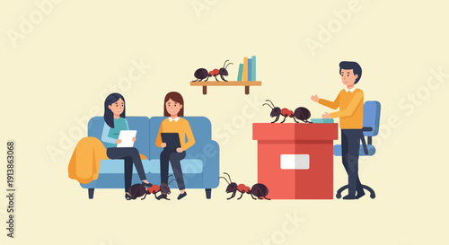Three people in an office setting interact with ants around furniture