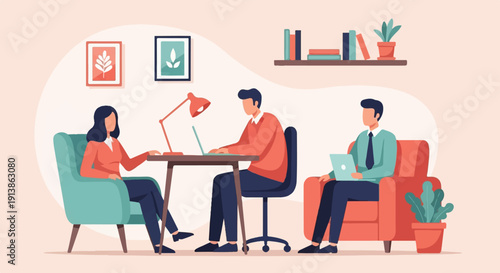 Three people work on laptops in a modern office with plants and decor