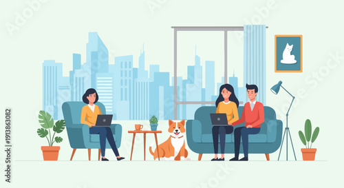 Three people and a dog in a modern living room with city view