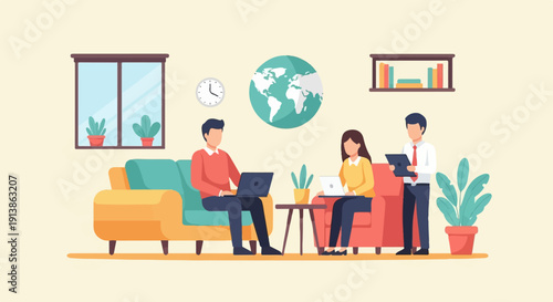 Three people working remotely from home on laptops and tablet