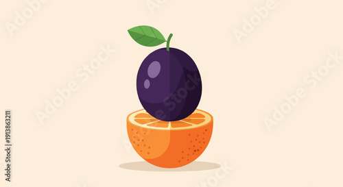 Stylized plum balanced on a sliced orange with a leaf