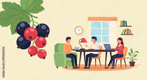 Three people working together at a desk, with fresh berries