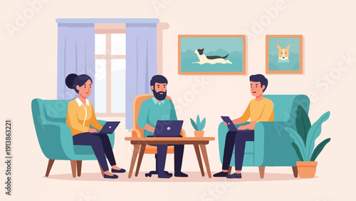 Three people working on laptops in comfortable armchairs at home