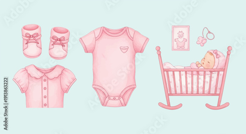 Soft pink watercolor illustration of baby essentials and a sleeping infant