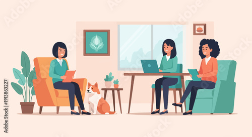 Three people and a dog in a room