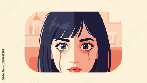 Stylized portrait of a young person with dark hair and blue eyes, crying