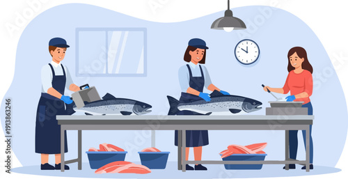 Three people working with fish at a preparation table indoors