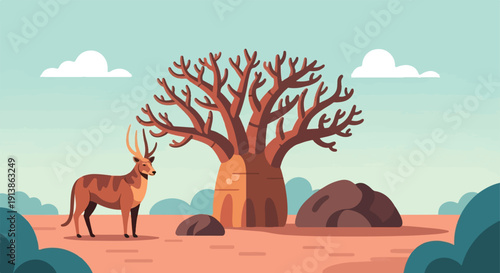 Stylized savanna scene with a large baobab tree and a deer