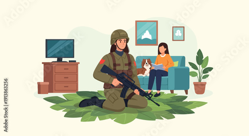 Soldier in uniform with rifle near woman reading on couch with dog