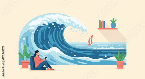 Stylized scene of person on phone beside large wave, animal near shelf