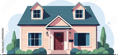 Stylized suburban house with dormer windows, pitched roof, and porch