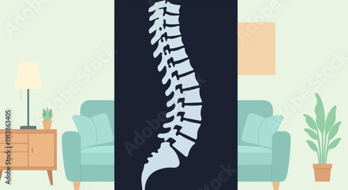 Stylized spine xray display in a cozy living room setting