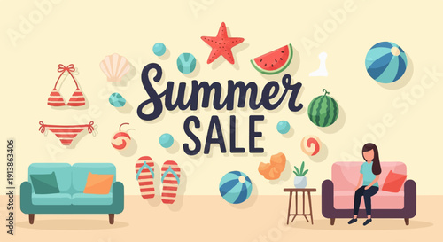 Summer sale promotion with beach and home elements