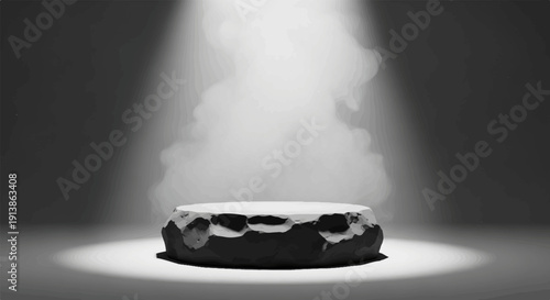 Spotlight illuminates a textured, round, stone-like stage with mist
