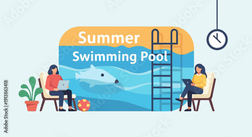 Summer swimming pool scene with two people working remotely on laptops