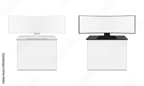 Table with ultrawide monitor. Black, white. Realistic 3d vector mockup. Flat panel ultra wide transparent screen stand on desk. Easy editable mock-up. Big widescreen blank digital display. Template