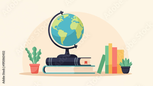 Stack of books with globe and potted plants