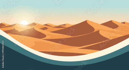 Sun sets over arid desert sand dunes, vast barren landscape, clear sky