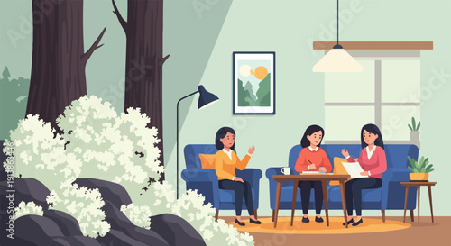 Three people interact in a serene room with natural light, by a window, and framed art