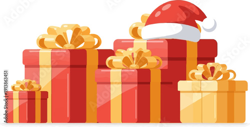 Stack of decorated gift boxes with a Santa hat on top