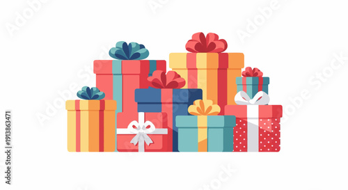 Stack of colorful gift boxes with ribbons and bows for celebration