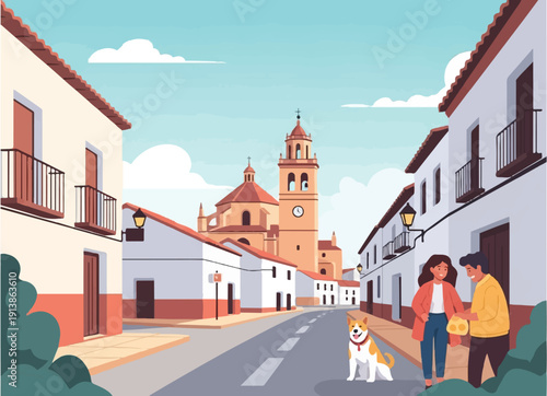 Sunny day in a European village with a couple and their dog