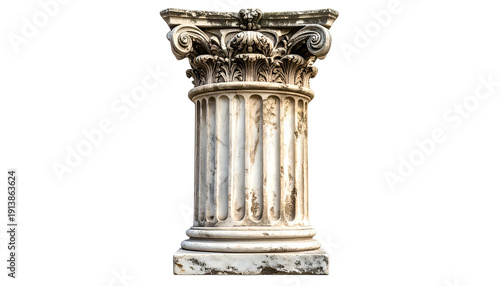 Weathered Classical Column with Ornate Capital on Transparent Background