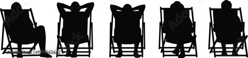 People Relaxing on Deck Chairs Silhouettes Vector Illustration, Leisure Vacation отдых Resting Isolated Black Figures Set