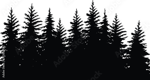 Pine, trees, forest, silhouettes, evergreen, nature, landscape, woodland, conifer, outdoor, wilderness, environment, scenic, natural, dense, background, horizon, vector, flat, illustration