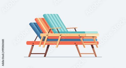 Stacked striped beach chairs with wooden frames on white background