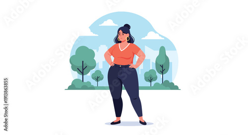 Modern flat vector illustration of confident plus size woman standing proudly in city park with relaxed pose, celebrating body positivity, self love, confidence, and inclusive lifestyle representation
