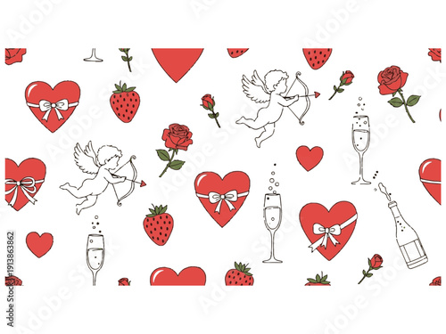 Seamless Red Romantic Valentine Pattern with Cupid Roses and Hearts for Textile and Wrapping Paper