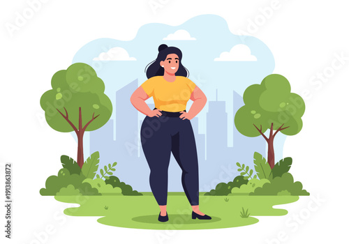 Modern flat vector illustration of confident plus size woman standing proudly in city park with relaxed pose, celebrating body positivity, self love, confidence, and inclusive lifestyle representation