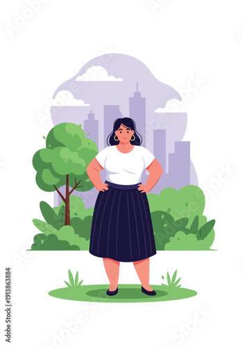 Modern flat vector illustration of confident plus size woman standing proudly in city park with relaxed pose, celebrating body positivity, self love, confidence, and inclusive lifestyle representation