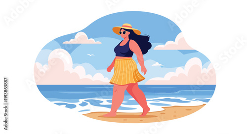 Modern flat vector illustration of plus size woman walking confidently on beach wearing summer outfit, promoting body positivity, self acceptance, freedom, and inclusive beauty lifestyle