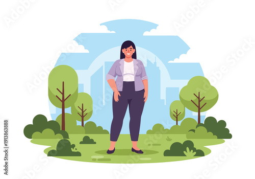 Modern flat vector illustration of confident plus size woman standing proudly in city park with relaxed pose, celebrating body positivity, self love, confidence, and inclusive lifestyle representation