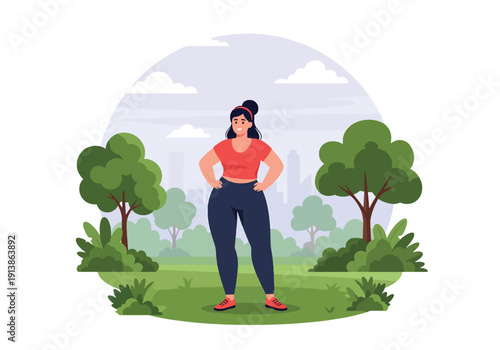 Modern flat vector illustration of confident plus size woman standing proudly in city park with relaxed pose, celebrating body positivity, self love, confidence, and inclusive lifestyle representation