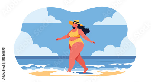 Modern flat vector illustration of plus size woman walking confidently on beach wearing summer outfit, promoting body positivity, self acceptance, freedom, and inclusive beauty lifestyle